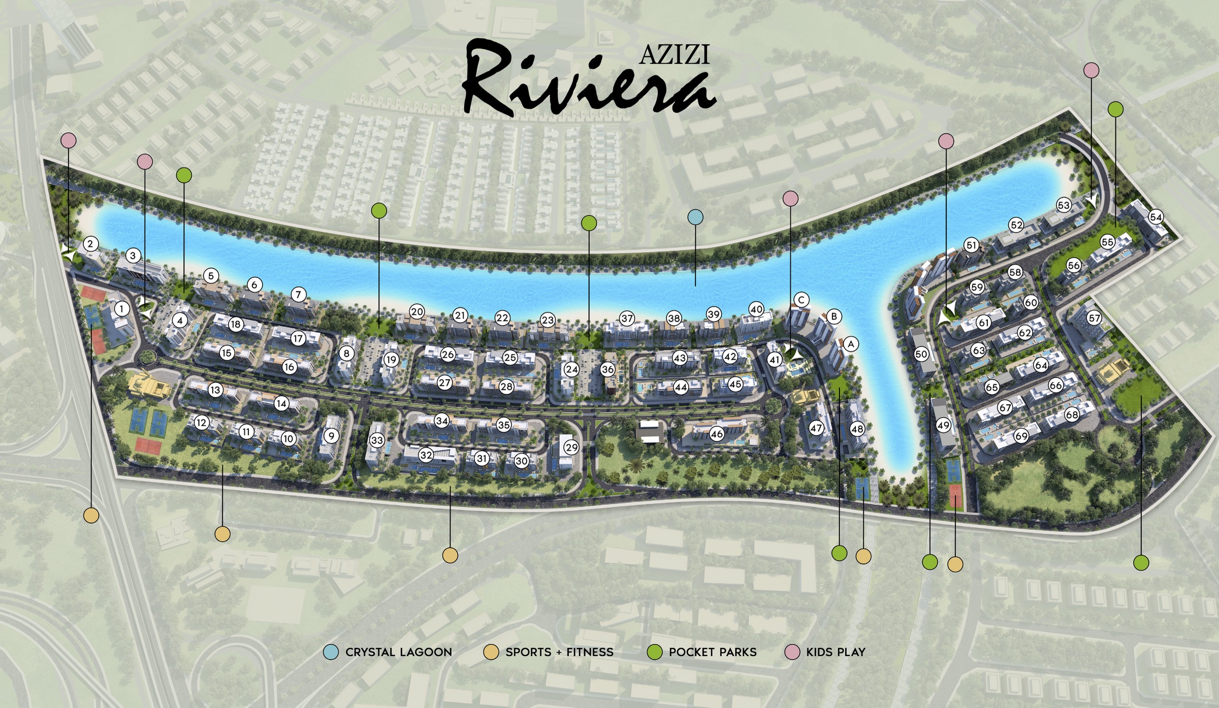 Azizi Riviera Master Plan - Aerial view showing the complete development layout with crystal lagoon and towers